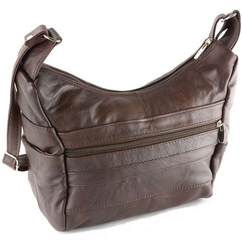 Womens Genuine Leather Purse Mid Size Multiple Pocket Shoulder Bag