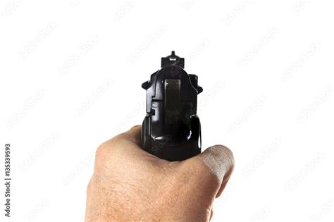 Male Hand Holding Firing Gun Aiming In Subjective Point Of View Pov