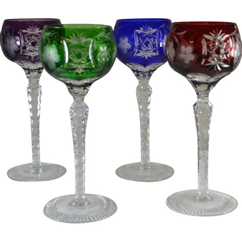 Set Of 4 Jewel Colored Crystal Cut To Clear Wine Glasses Ajka Marsala