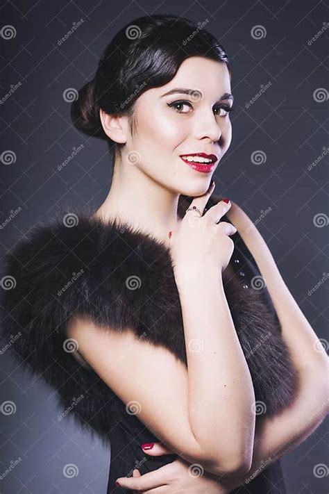 brunette retro woman with red lips make up and wave bang hairstyle stock image image of