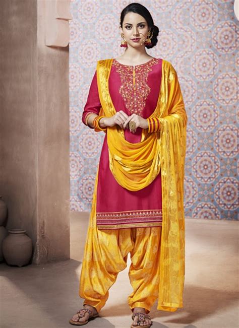 Pink And Gold Embroidered Silk Cotton Punjabi Suit Fancy Dress Material Punjabi Dress Salwar