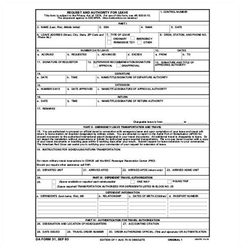 Fillable Da Form 31 Request And Authority For Leave Printable Pdf