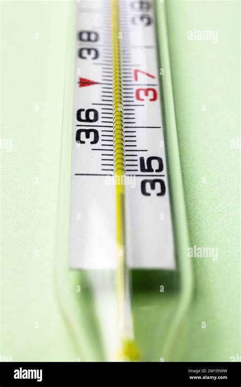 Mercury Thermometer On Table With Green Background Stock Photo Alamy