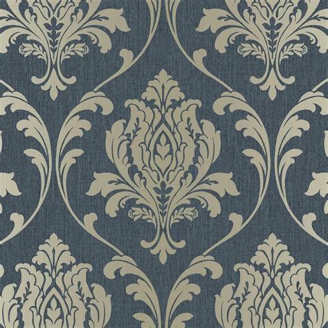 Dark Blue Damask Wallpaper