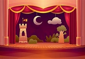 Escenario de teatro con cortinas rojas y luz. ilustración de dibujos ...