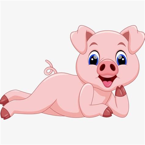 A Pink Pig Laying Down On Its Side With Blue Eyes And Big Ears Smiling