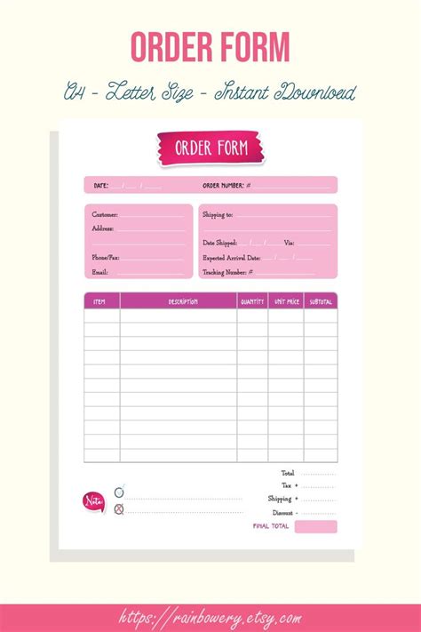 Order Form Template Printable Small Business Order Form Etsy In 2020