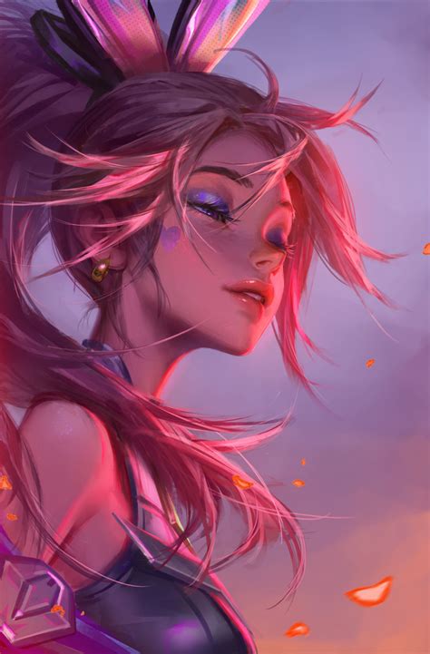 A Woman With Pink Hair And Feathers On Her Head In Front Of A Cloudy Sky