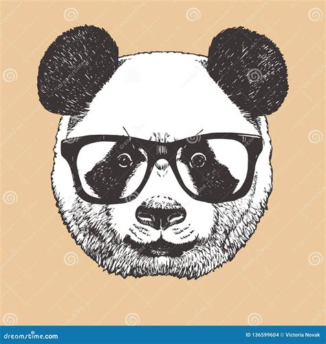 Portrait Of Panda With Glasses Hand Drawn Illustration Vector Stock