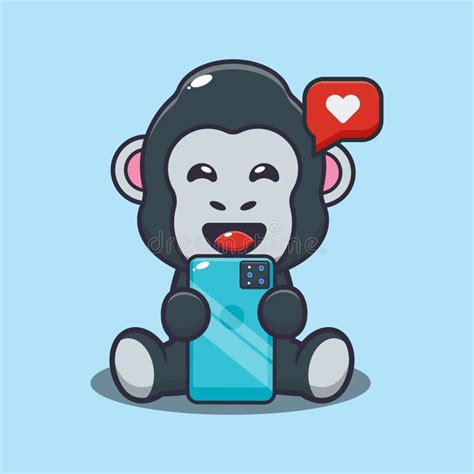 Cute Gorilla With Phone Cartoon Vector Illustration Stock Vector