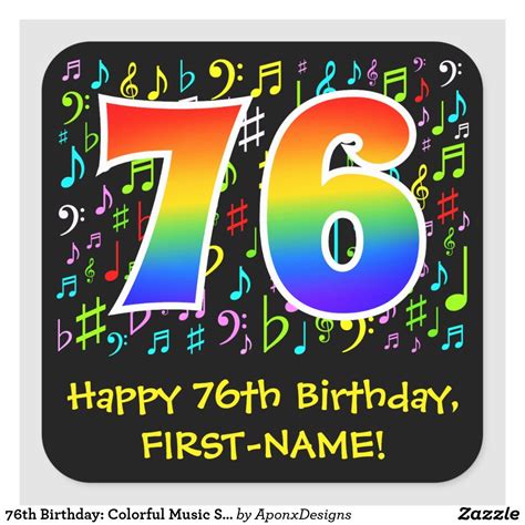 76th Birthday Colorful Music Symbols Rainbow 76 Square Sticker