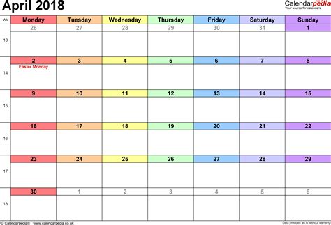 Calendar April 2018 Uk With Excel Word And Pdf Templates