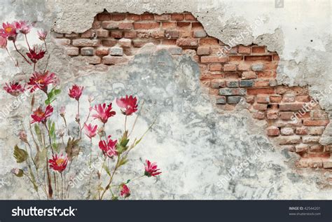 Brick Wall With Flower Painting On It Stock Photo 42544201