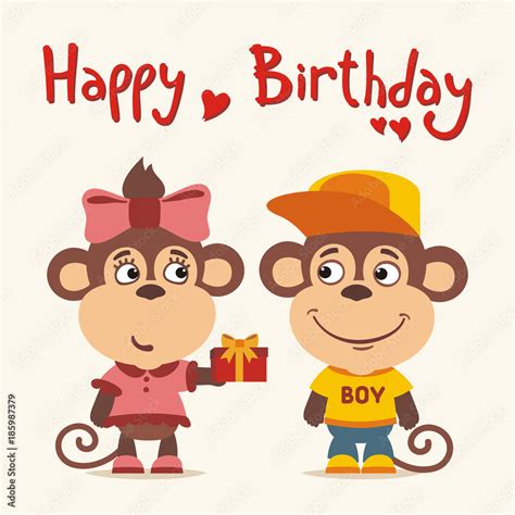 Happy Birthday Greeting Card Funny Monkey Girl Gives T To Boy