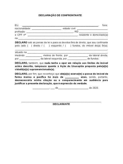 Usucapião Declaração De Confrontante Modelo Pdf