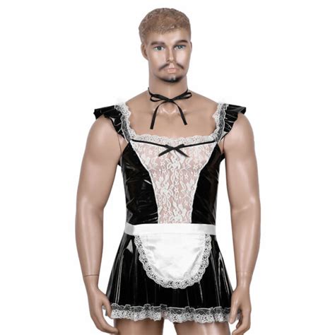 Halloween French Maid Cosplay Costume Mens Sissy Dress Wet Look Servant