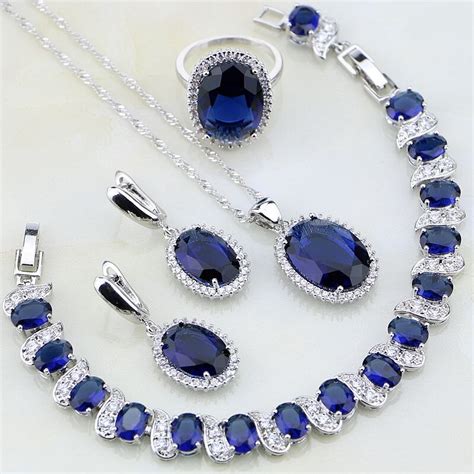 Oval 925 Sterling Silver Jewelry Blue Stones White Cz Jewelry Sets For