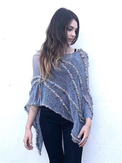 Festival Poncho Shawl For Women Boho Coachella Outfit Cotton Knitted Wrap Tops Denim Blue