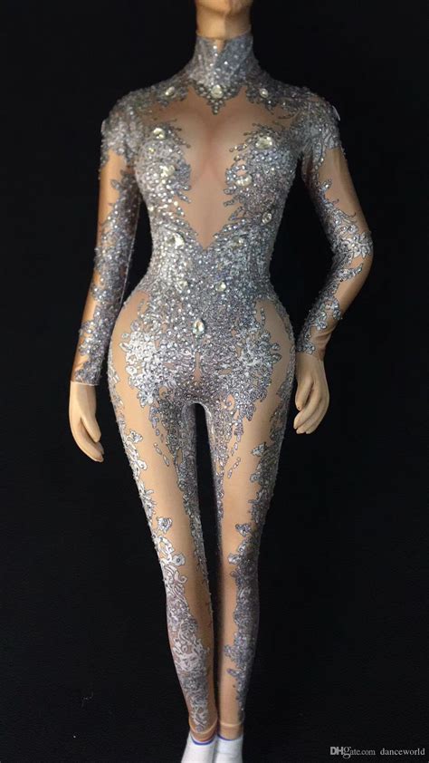 Women S Sexy Rhinestones Bodysuit Stage Outfit Female Singer Gray