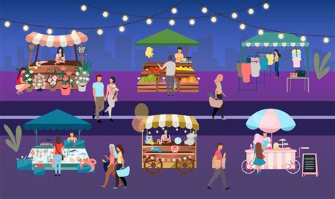 Night Fair Flat Vector Illustration Outdoor Street Market Stalls Summer Trade Tents With
