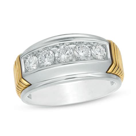 Men S Ct T W Diamond Five Stone Ribbed Wedding Band In K Two Tone