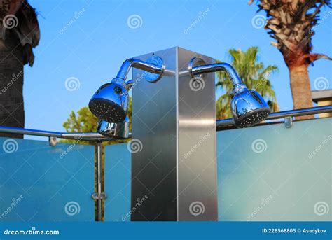 Closeup Of Outdoor Shower Heads Outdoor Poolside Shower Column Stock