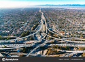 Aerial view of a freeway intersection in Los Angeles — Stock Photo ...