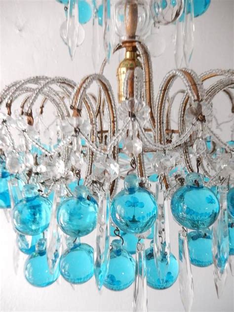 French Beaded Aqua Blue Murano Balls And Crystals Chandelier For Sale