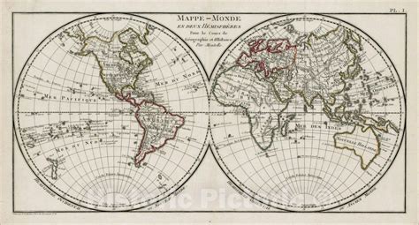 Historic Map Mappe Monde En Deux Hemispheres Pour Le Cours De