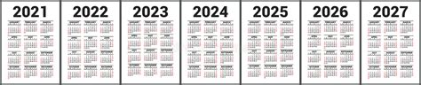 Calendar 2021 2022 2023 And 2024 2025 2026 And 2027 English Vector