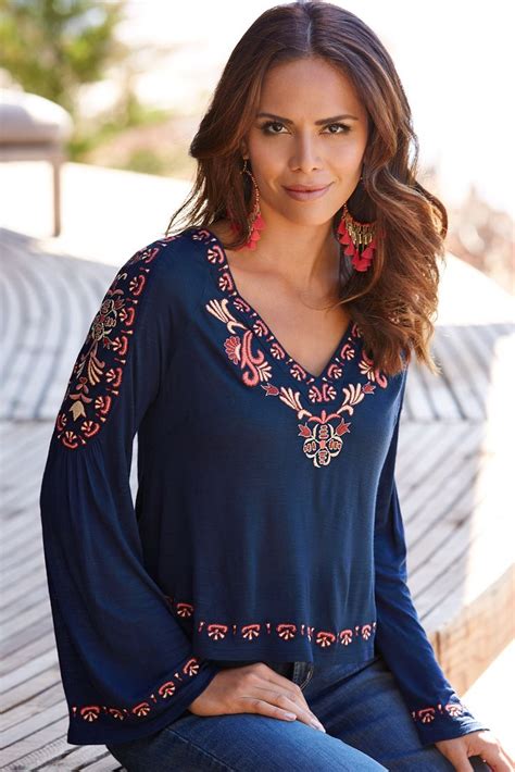 Boho Chic Womens Navy Embroidered V Neck Top By Boston Proper