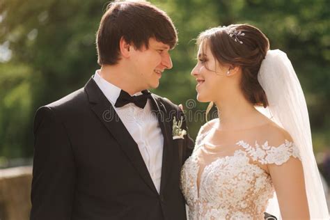 Portrait Of Happy Groom And Bride Beautiful Wedding Couple Stock Photo