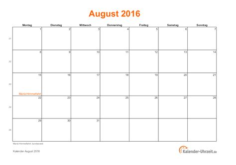 August 2016 Kalender Mit Feiertagen