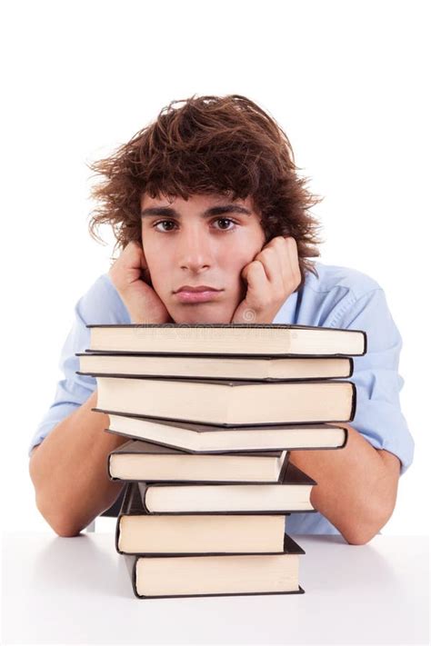 Cute Boy Bored Among Books On His Desk Stock Image Image Of Male