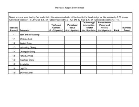 Judges Score Sheet