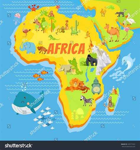 Cute Cartoon Africa Continent Map Mountainsriverstrees Stock