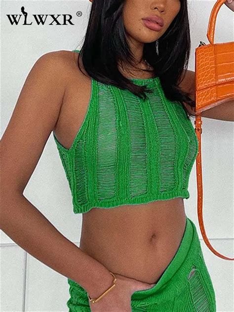 wlwxr summer green knited sheer 2 two piece sets for women 2023 streetwear hollow out high waist