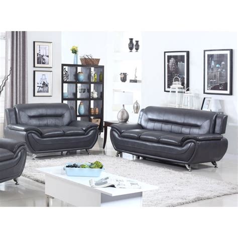 Norton 2 Pc Black Faux Leather Modern Living Room Sofa And Loveseat Set