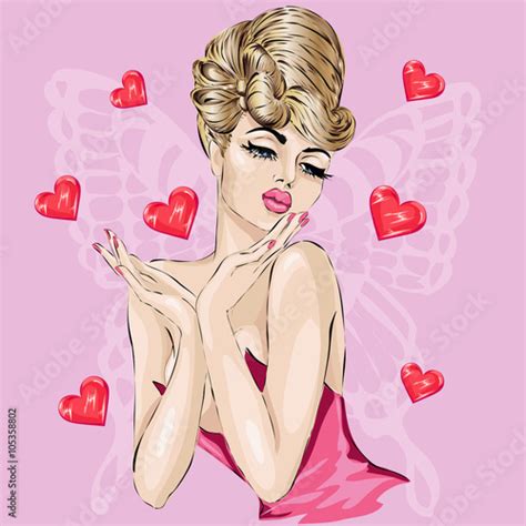 Valentine Day Pin Up Sexy Woman Portrait With Hearts Stockfotos Und