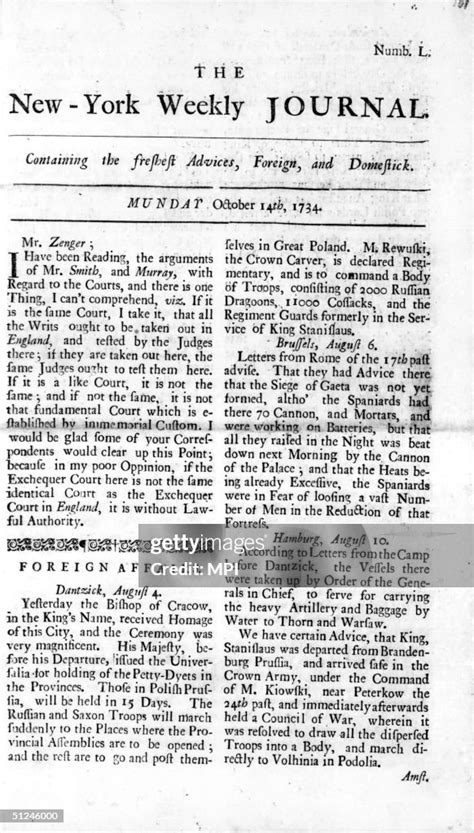 1734 The New York Weekly Journal Published By John Peter Zenger News