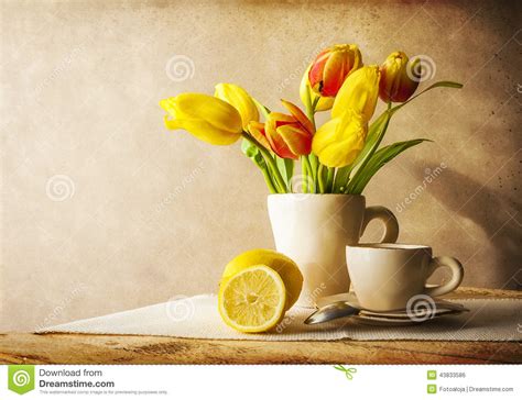 Still Life Bouquet Yellow Tulips Cup Of Tea Stock Photo Image Of