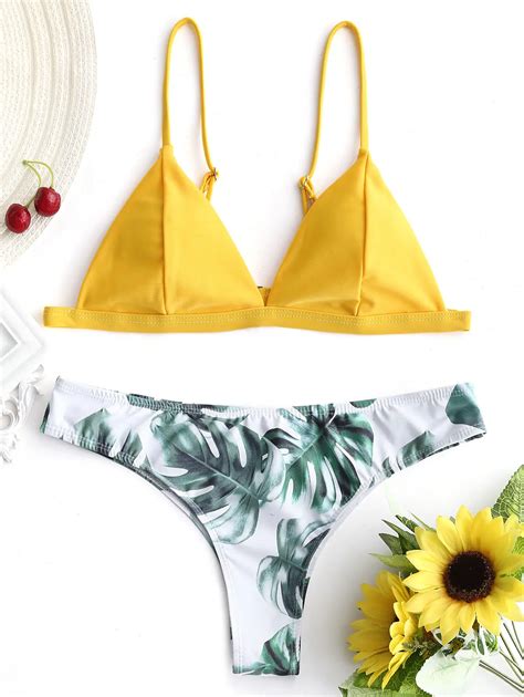 Zaful 2019 Women Bikini Swimwear Padded Palm Leaf Bikini Set Spaghetti