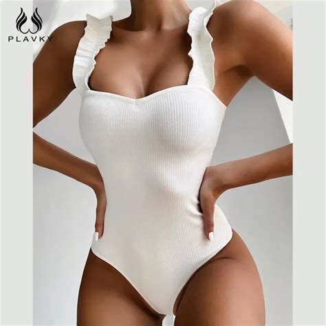 Sexy White Ruffled Ribbed Swimsuit Bodysuit Ladies Monokini Bandeau Swimwear Women Swim Bathing