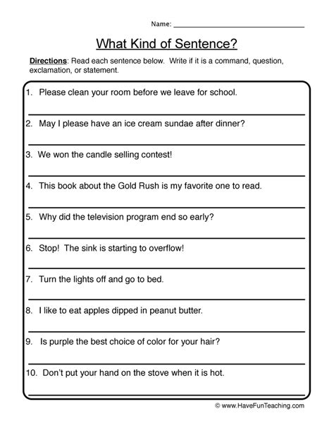 4 Types Of Sentences Worksheet