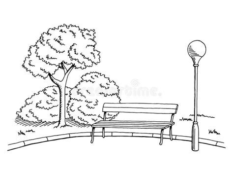 Park Graphic Art Black White Bench Lamp Landscape Sketch