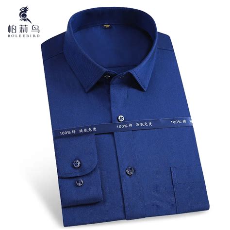 Mens Dark Blue Long Sleeve Solid Dress Shirts With Chest Pocket 100