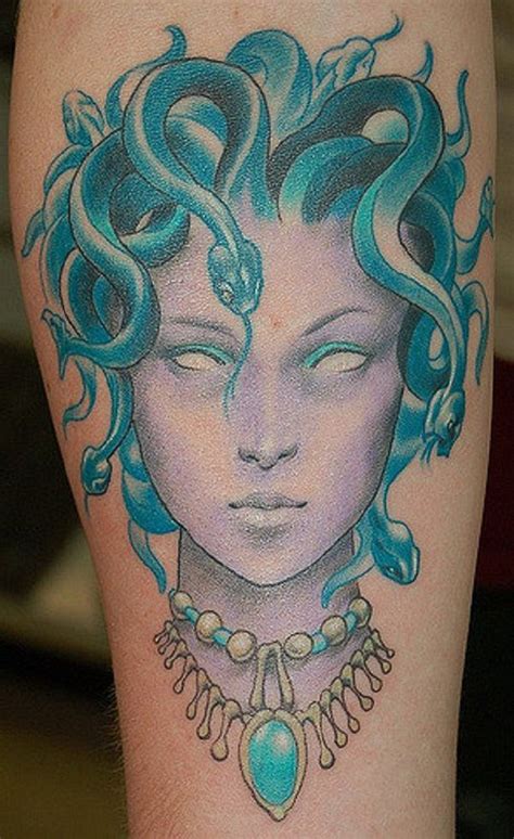 Blue Inked Medusa Tattoo The Blue Colored Snakes Over The Head Of