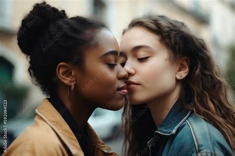 Babe Lesbian Couple In Their Moment Of Intimacy At Night In The Street AI Generated Human