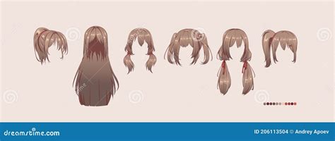 Anime Manga Hairstyles Isolated Brunette Hair Set Stock Vector