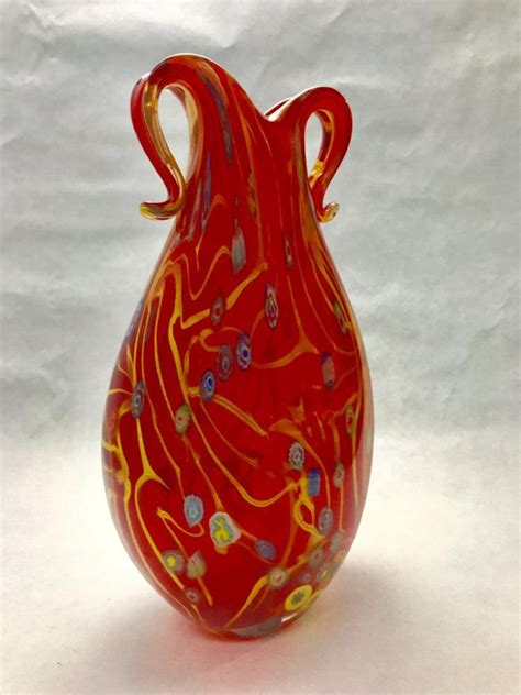 Murano Art Glass Vase Red Ground With Inset Millefiori Decoration Italian Art Glass Vase